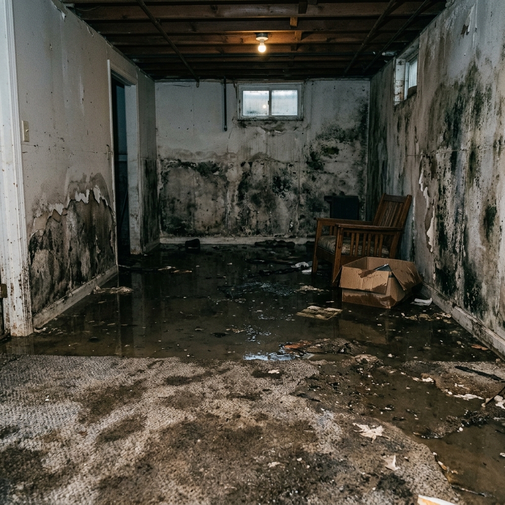 The basement as we arrived — standing water, soaked drywall.
